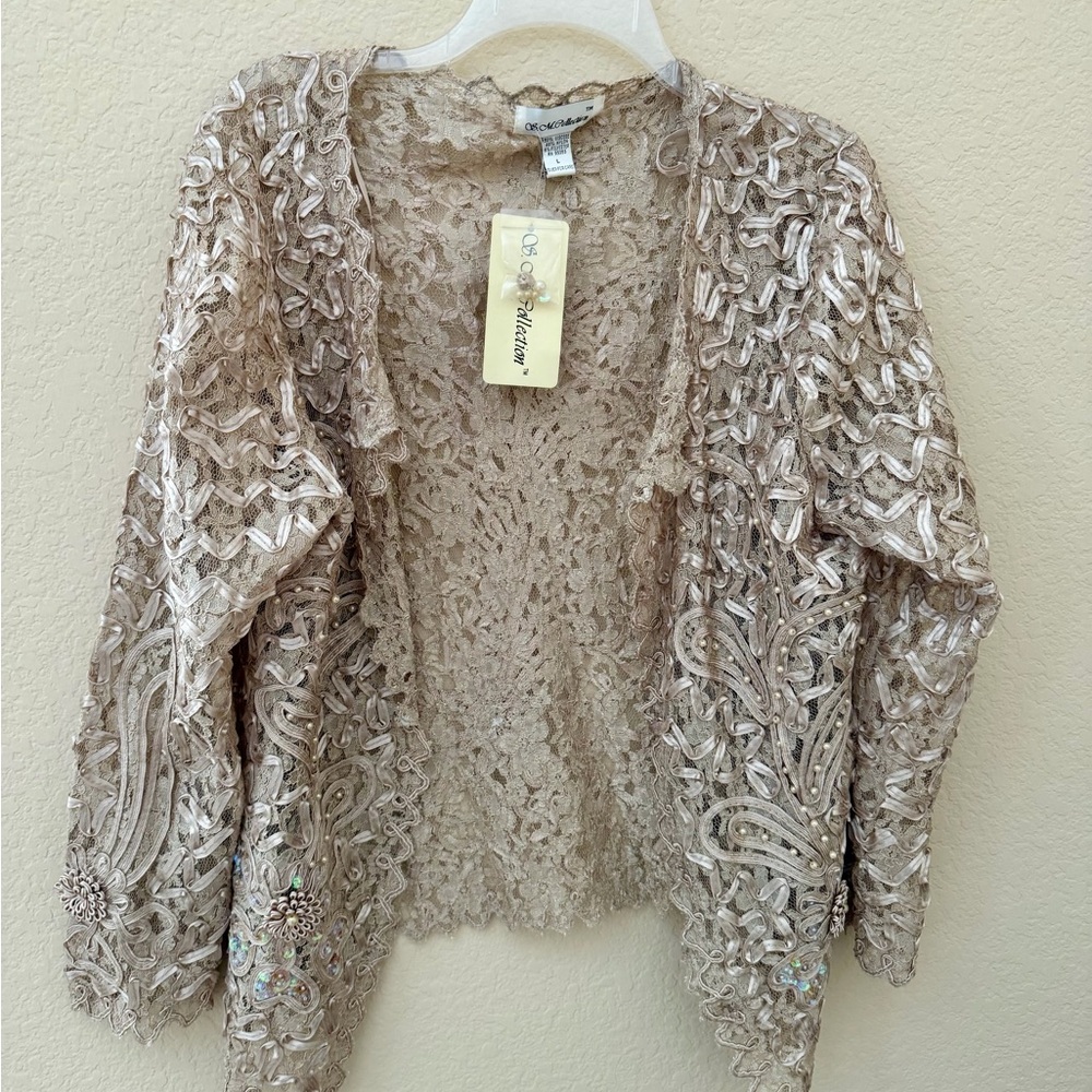 Embellished Open-Front Lace Cardigan Sweater - Taupe